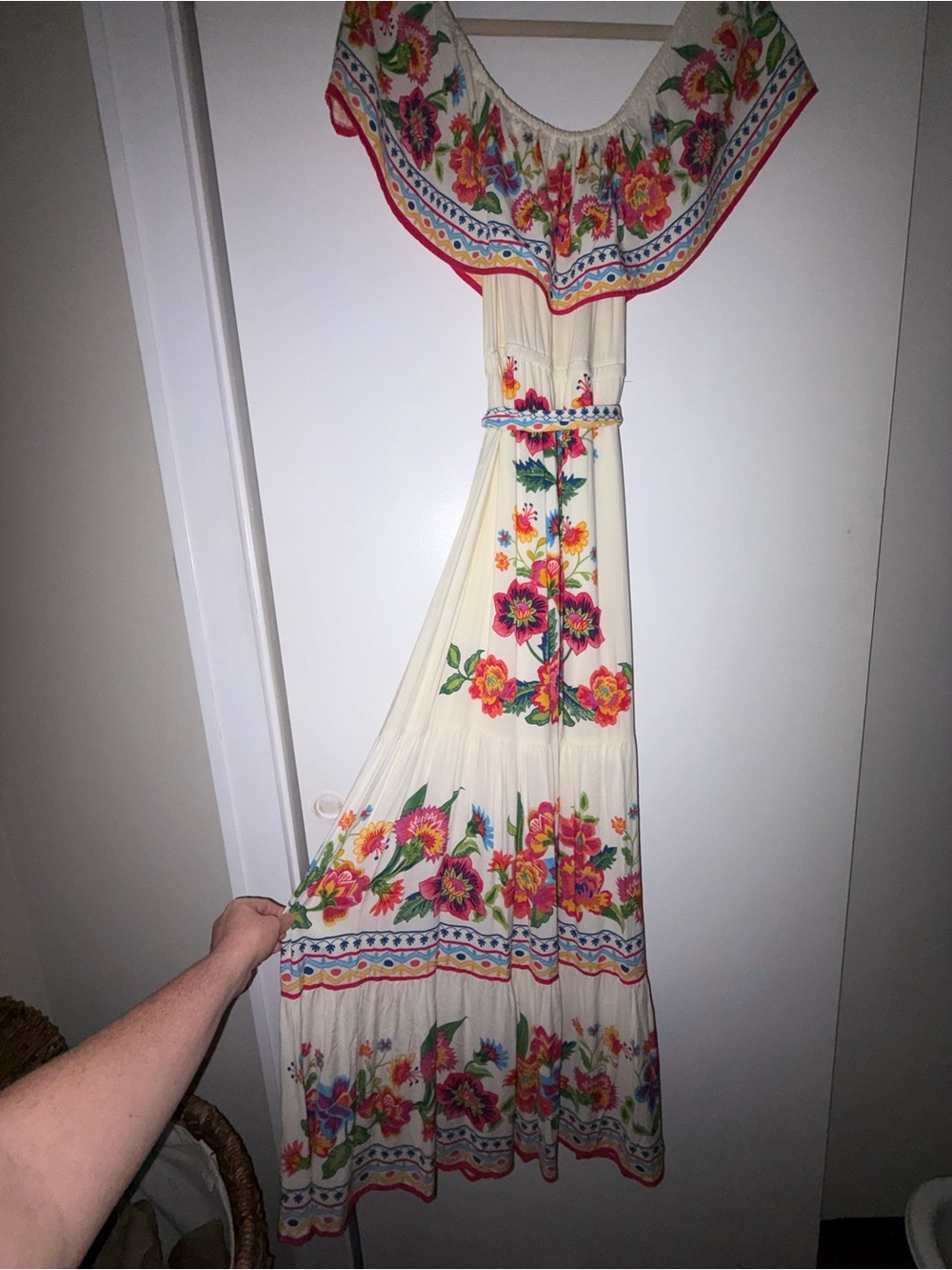 Off The Shoulder Floral Embroidered Maxi Dress - Flying Tomato